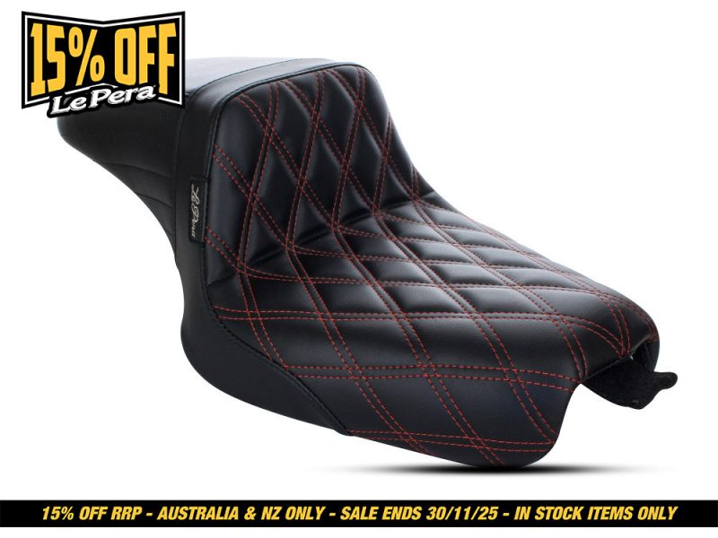 Black quilted motorcycle seat with red stitching, ideal for Revelry motorcycle builds.