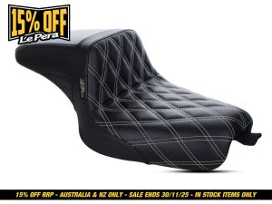High-quality black motorcycle seat with quilted stitching for Revelry Motorcycles.