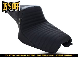 Black motorcycle seat with durable upholstery for Revelry Motorcycles.