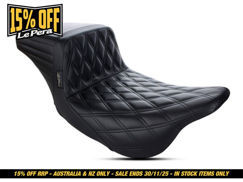 Black quilted motorcycle seat for Revelry Motorcycles Australia, premium comfort and style.