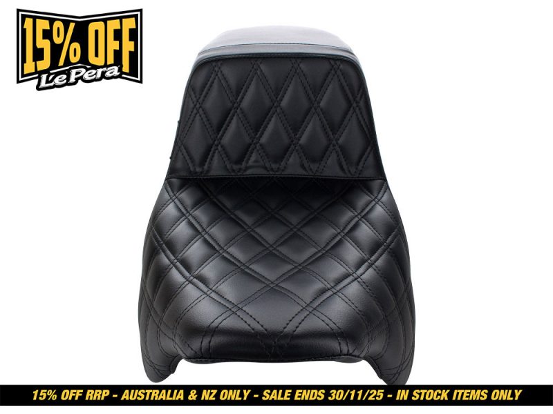 Black quilted motorcycle seat for Revelry Motorcycles, premium comfort & style.