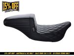 Comfortable black motorcycle seat with quilted stitching design.