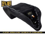 Black leather motorcycle saddle bag with leather accents and Rivet details for touring bikes.