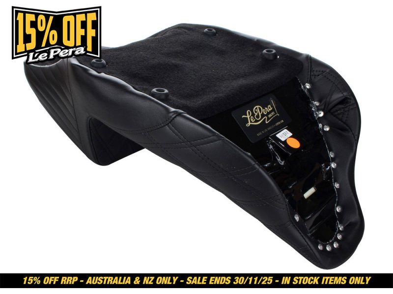 Black leather motorcycle saddle bag with leather accents and Rivet details for touring bikes.