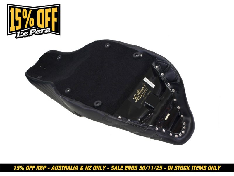 Comfortable black motorcycle seat for Revelry Motorcycles, with stylish details.