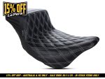 Black quilted motorcycle seat for Revelry Motorcycles shop, stylish and comfortable riding gear.