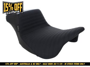Black motorcycle seat for Revelry Motorcycles, stylish and comfortable bike accessory.