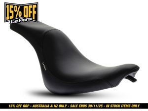 Black motorcycle seat for Revelry Motorcycles, high-quality comfort and style.
