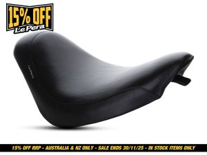 Motorcycle seat from Revelry Motorcycles, premium black leather for comfort and style.