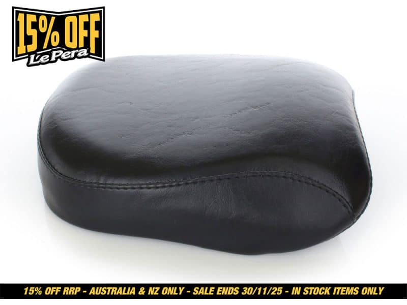Black motorcycle seat, vintage style, REVELRY Motorcycles Australian shop, durable leather, comfortable riding accessory.