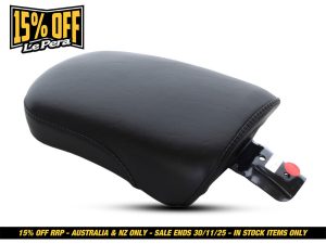 Black motorcycle seat cushion for Revelry Motorcycles; optimal comfort and style.