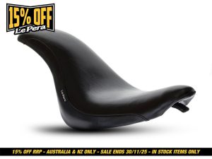 Black motorcycle seat with sleek design, perfect for custom cruiser bikes.