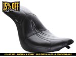 Black leather motorcycle seat with ergonomic design for Revelry Motorcycles.