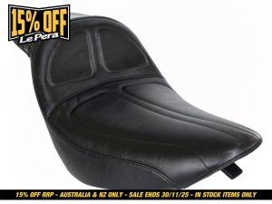 Black motorcycle seat for Revelry Motorcycles, durable and comfortable for rider safety.