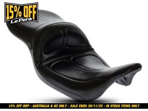 Rider black motorcycle seat for comfort and style, ideal for cruisers and touring bikes.