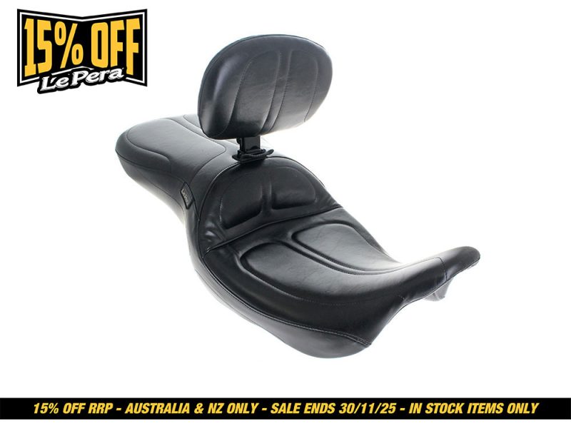Maverick Dual Seat with Backrest. Fits Most Touring 2008-2024 Comfortable black motorcycle passenger seat with backrest for Harley Davidson.