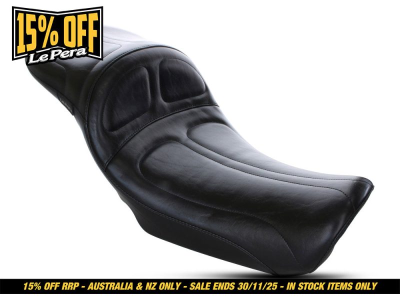 High-quality black motorcycle seat with comfortable padding for Revelry Motorcycles.