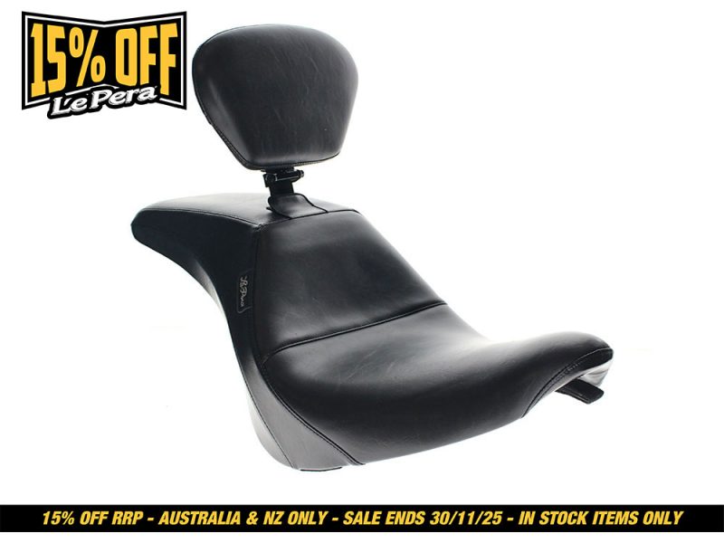 Black motorcycle seat with backrest, ideal for touring bikes and comfort.