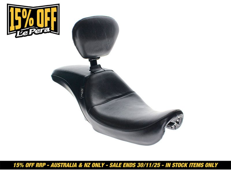 Sunrise motorcycle passenger seat with backrest for comfortable touring.