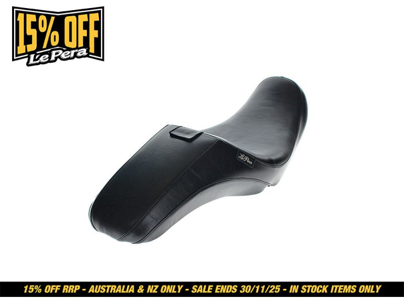 Black motorcycle seat with Revelry logo, suitable for Harley Davidson bikes.