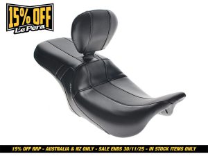 Motorcycle passenger seat with backrest for Revelry Motorcycles, black leather design.