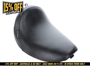 Black motorcycle seat for Revelry Motorcycles, premium leather, designed for comfort and style.