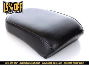 Black leather motorcycle seat for Revelry Motorcycles, premium Australian Harley-Davidson accessories.