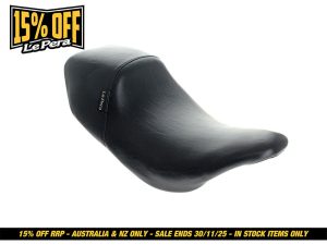 Black motorcycle seat for Revelry Motorcycles models, premium leather, customised comfort.