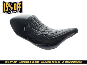 Premium black leather motorcycle seat for Revelry bikes, comfortable and stylish.