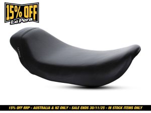 Le Pera motorcycle seat, sleek black leather, perfect for custom Harley bikes.