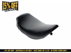 Leather motorcycle solo seat, black, sturdy design for Harley Davidson, with comfortable riding ergonomics.