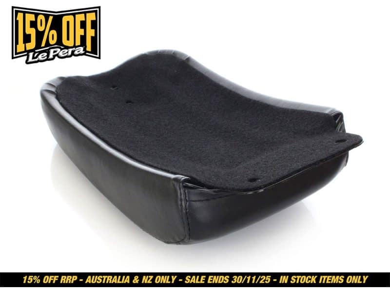 Leather motorcycle passenger seat with cushioned comfort for Revelry Motorcycles.