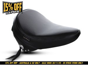 Black leather motorcycle seat from Revelry Motorcycles, premium custom riding gear Australia.