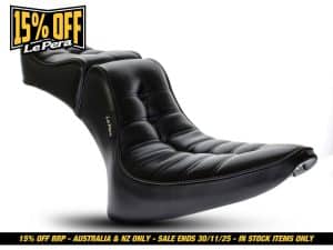 Comfortable black leather motorcycle seat suitable for cruiser bikes and touring, enhances riding experience.