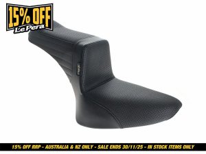Black motorcycle seat with textured leather finish, ideal for custom bikes and touring.