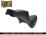 Black motorcycle seat for touring and cruiser bikes from Revelry Motorcycles, high-quality comfort and style.