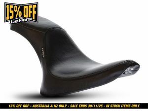 Saddle seat for motorcycles, black leather, Revelry Motorcycles accessory, comfortable and stylish.