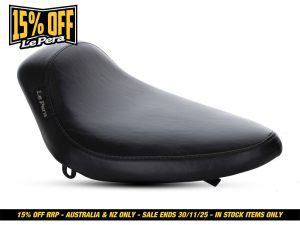 Black leather motorcycle saddle for Revelry Motorcycles, premium comfort and style.