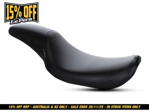 Luxury black motorcycle seat from Revelry Motorcycles, ideal for customised bikes and comfort.