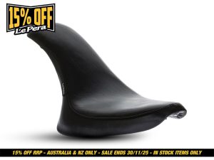 Black motorcycle seat for Revelry Motorcycles, stylish and comfortable Aussie bike accessory.