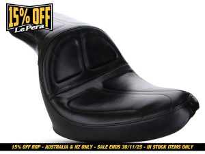 Black leather motorcycle seat; premium Revelry Motorcycles accessories.