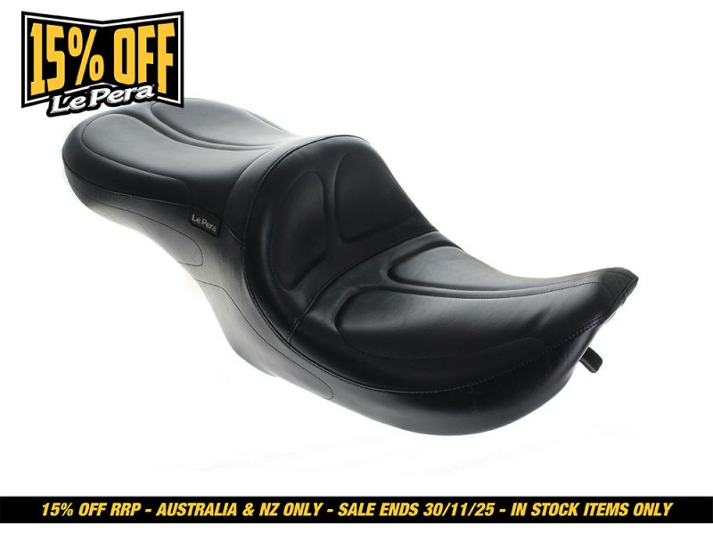 Maverick Dual Seat. Fits Road King 1997-2001 Black motorcycle seat for Revelry Motorcycles bikes, comfort and style for riders.