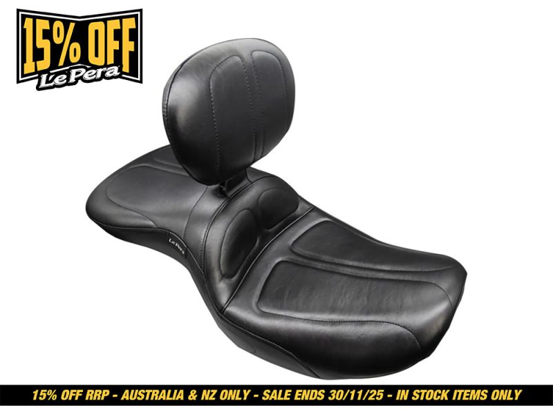 Maverick Dual Seat with Backrest. Fits CVO Touring 2023up Motorcycle passenger seat with backrest, black leather, for touring bikes.
