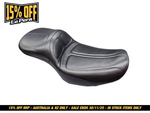 Comfortable black motorcycle seat with premium leather material, ideal for Harley Davidson bikes.