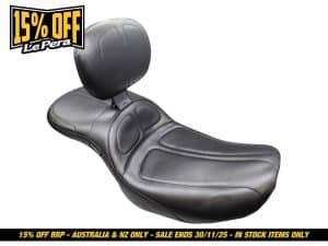 Comfortable motorcycle seat with backrest for touring and cruising.