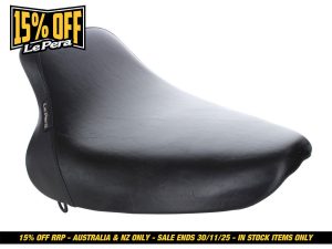 Comfortable black motorcycle passenger seat for Revelry Motorcycles.
