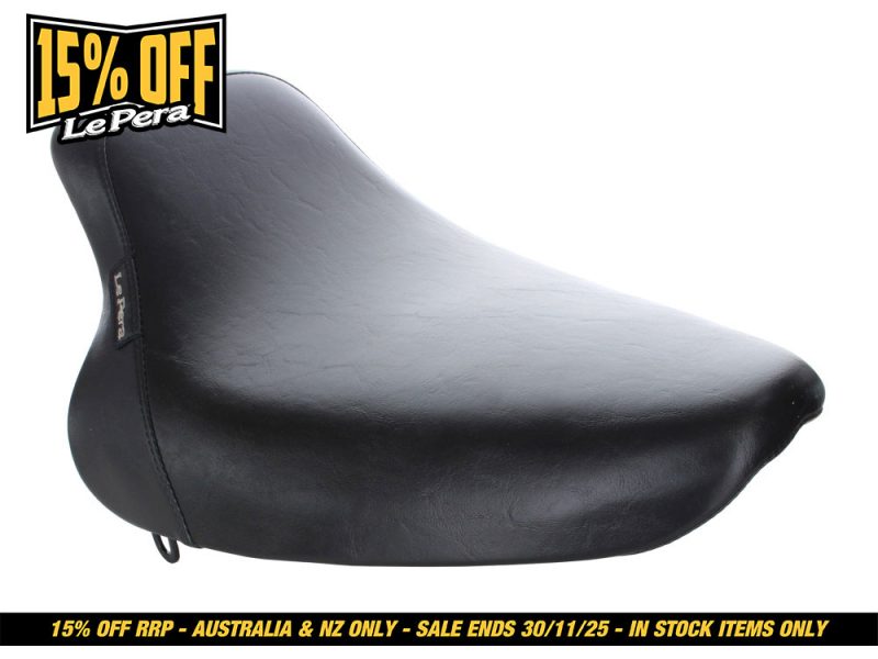 Bare Bones Solo Seat. Fits Softail 2000-2007 with 130 or 150 OEM Rear Tyre. Comfortable black motorcycle passenger seat for Revelry Motorcycles.