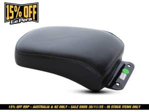 Comfortable black motorcycle seat suitable for custom bikes and cruisers from Revelry Motorcycles.