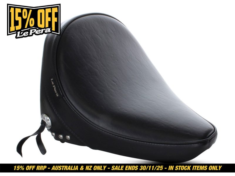 Lepera motorcycle seat for Revelry Motorcycles, black leather, sleek, comfortable riding accessory.
