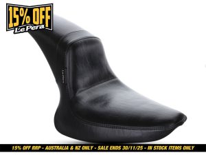 Black leather motorcycle seat, premium Australian designed, Revelry Motorcycles accessories for comfort and style, perfect for cruiser and cafe racer bikes.